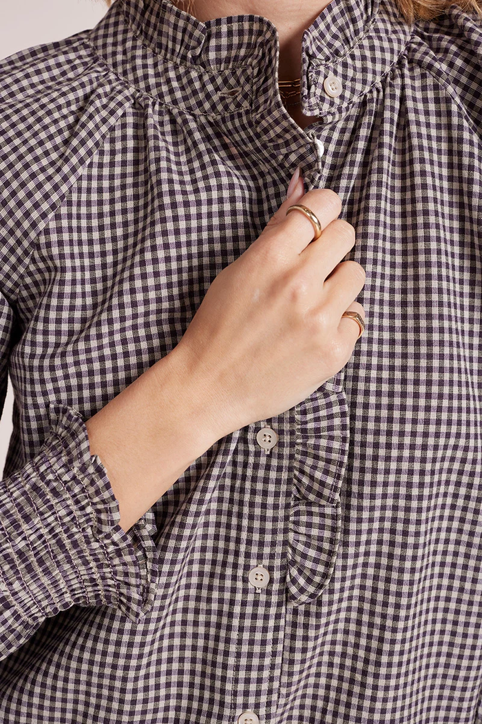 Rosie Ruffle Button Up - Mocha Gingham