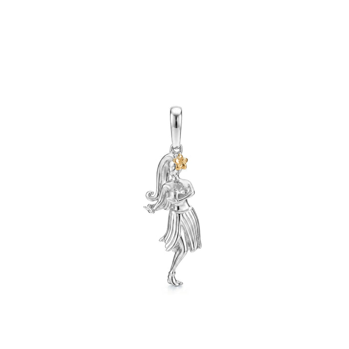 Sterling silver Dancing Hula Girl pendant with 14K yellow gold plumeria accent. Item No. 45385