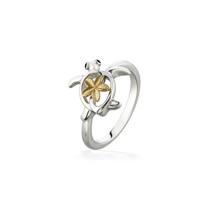 Honu ring made in sterling silver with blue sapphires eyes and a 14k yellow gold plumeria on its shell. Item No. 44724