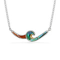 Horizontal wave-shaped design with abalone, koa wood, and 18k gold inlay on a sterling silver chain necklace. Item No. 44751