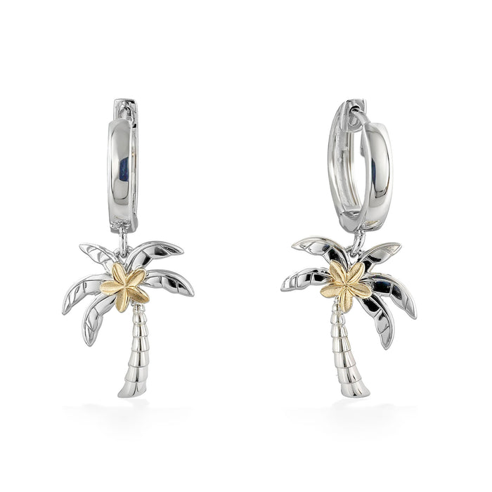 Palm trees dangling on hooplets, made in sterling silver with a 14k yellow gold plumeria in center of leaves. Item No. 44762