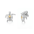 Sterling silver and 14K yellow gold petite sea turtle stud earrings, side view showing profile detail. Item No. 45365
