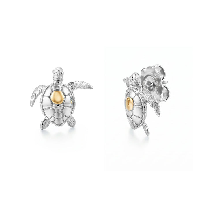 Sterling silver and 14K yellow gold petite sea turtle stud earrings, side view showing profile detail. Item No. 45365