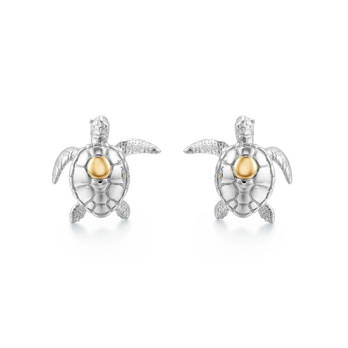 Sterling silver and 14K yellow gold petite sea turtle stud earrings, top view. Item No. 45365
