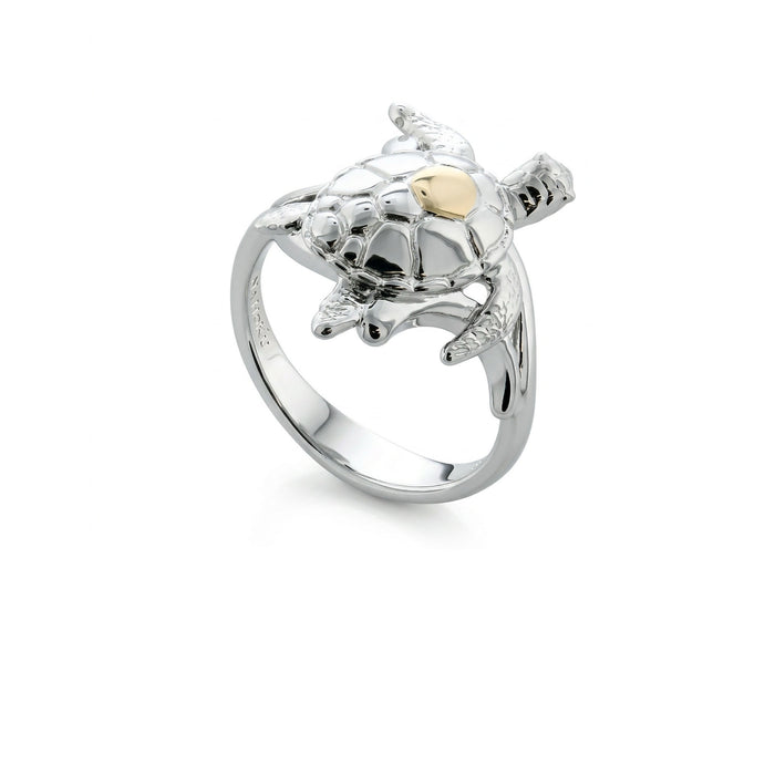 Sterling silver Hawaiian sea turtle ring with and 14K yellow gold accent, size 7, by Na Hoku. Item No. 45347
