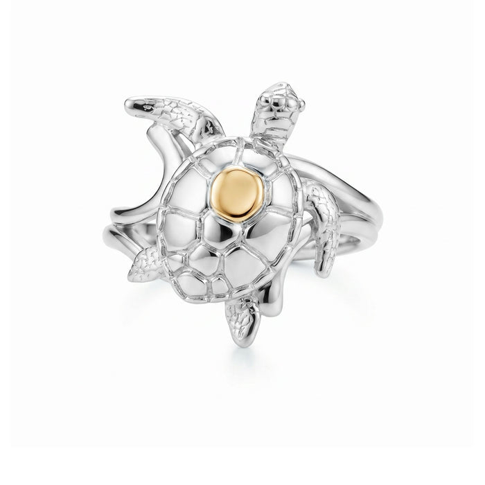 Top view of the sterling silver Hawaiian sea turtle ring with and 14K yellow gold accent. Item No. 45347