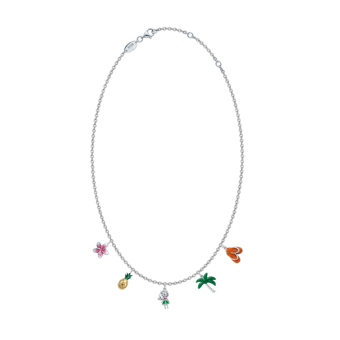 Sterling silver Na Keiki Island Life charm necklace with colorful enamel island-themed charms. Item No. 45377
