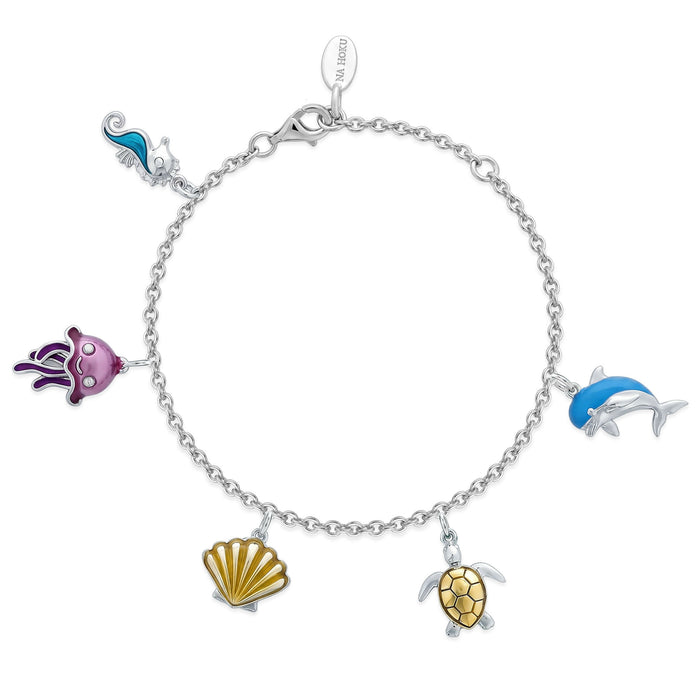 Sterling silver Na Keiki children's Ocean Life charm bracelet with colorful enamel sea life charms. Item No. 45380