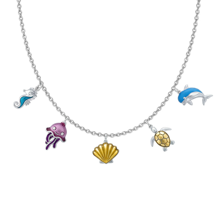 Close-up of colorful enamel seahorse, octopus, sunrise shell, turtle, and dolphin charms on children's sterling silver necklace. Item No. 45379