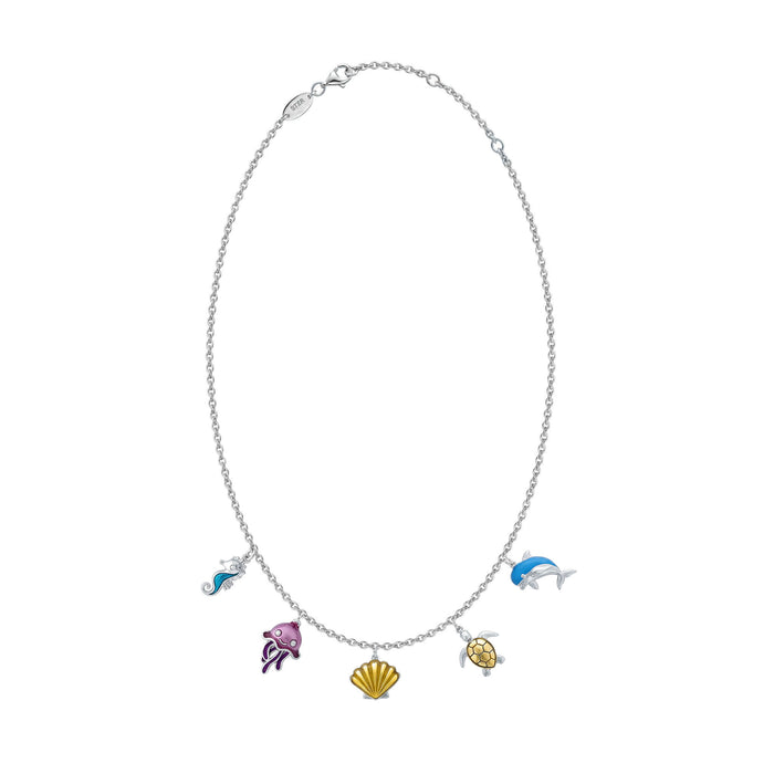 Sterling silver Na Keiki children's Ocean Life charm necklace with colorful enamel sea life charms. Item No. 45379