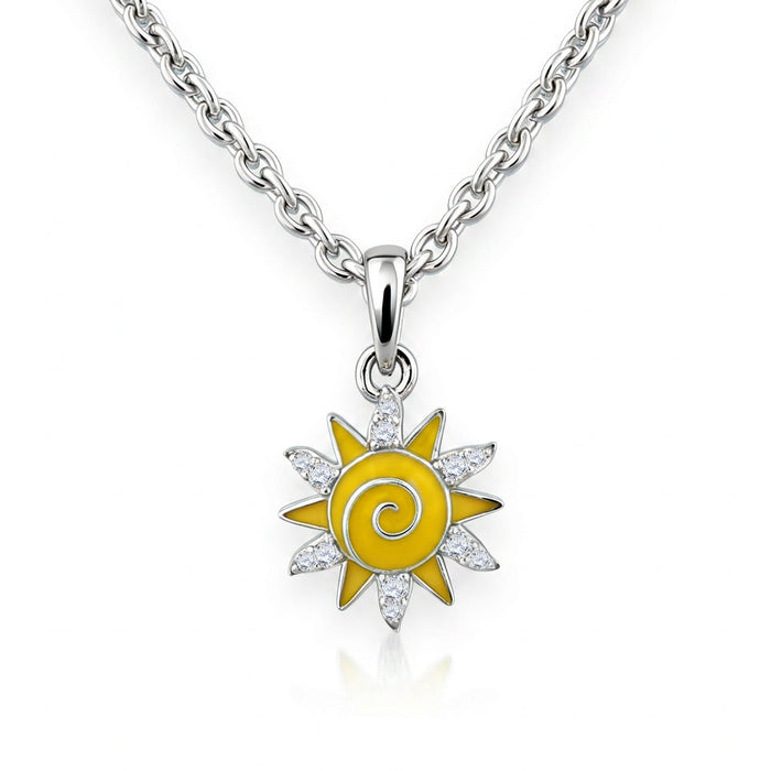 Children's sterling silver sun pendant with yellow enamel and white sapphire on adjustable chain. Item No. 45402