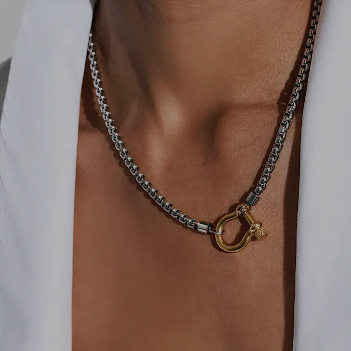 The Buckle Necklace – Gun Metal Steel + Gold