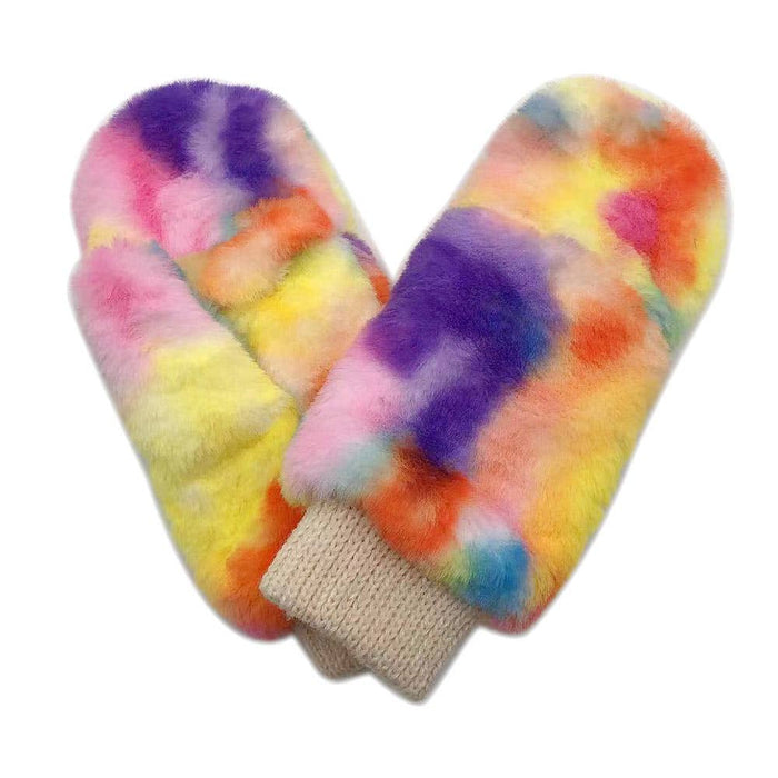 Tie Dye Faux Fur Mitten Gloves