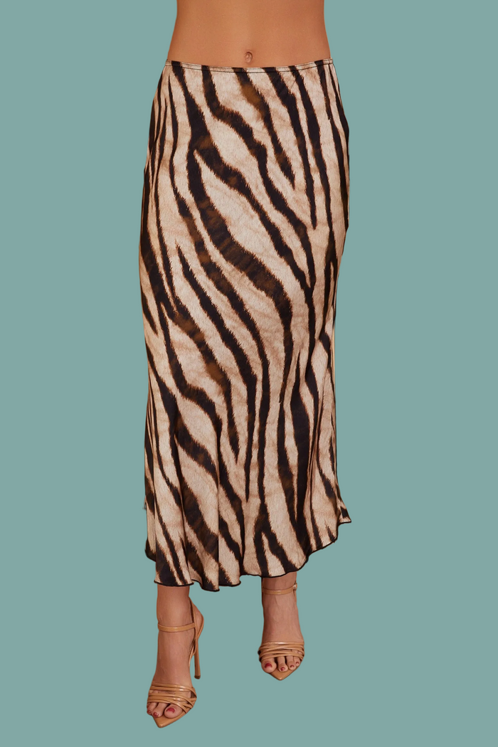 Tiger Print Silk Midi Skirt