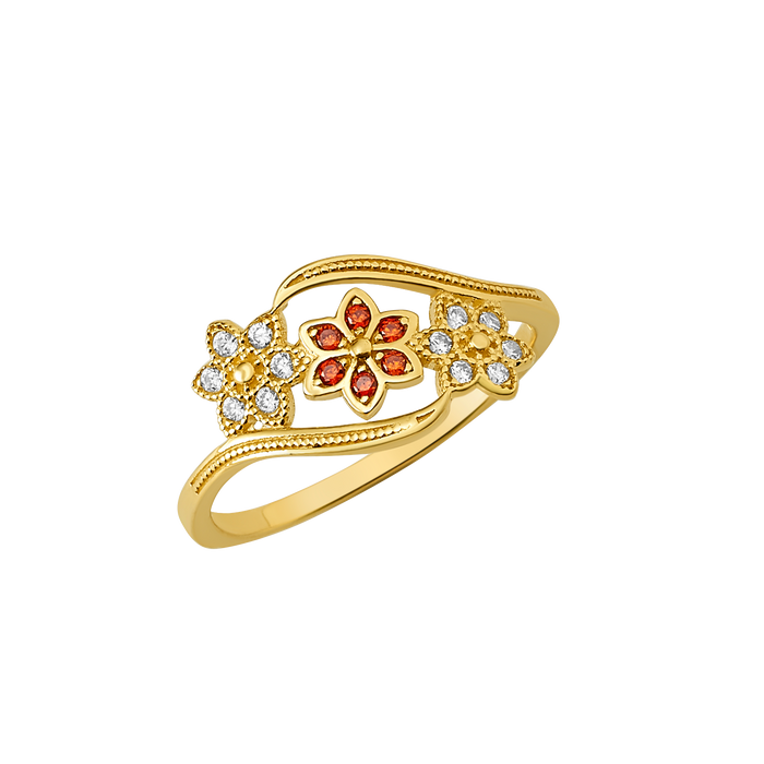 10K/14K Gold Triple Flower Ring with Red & White Gemstones