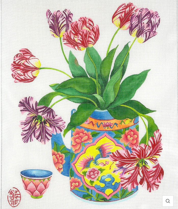 Tulips in a Peranakan Teapot with Cup