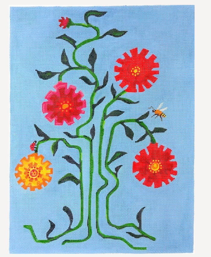 Vibrant Zinnias on Bright Blue w/ Ladybug & Bee
