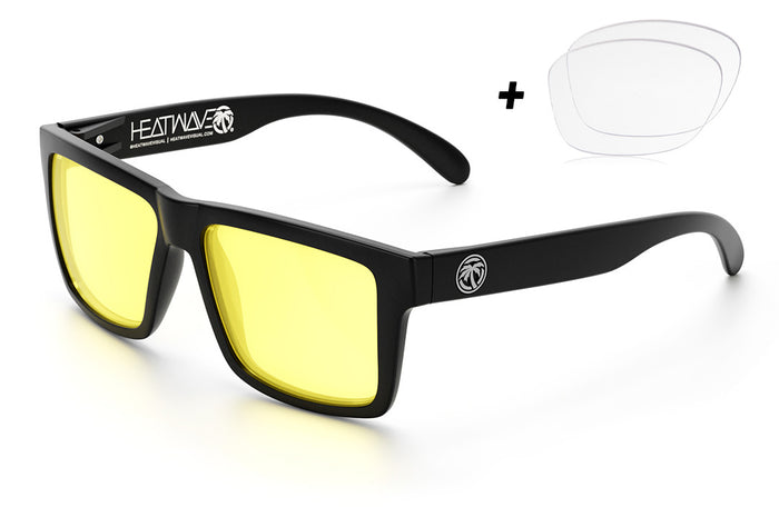 Heat Wave Visual Vise Sunglasses with black frame, hi-vis yellow lenses and extra set of clear lenses.