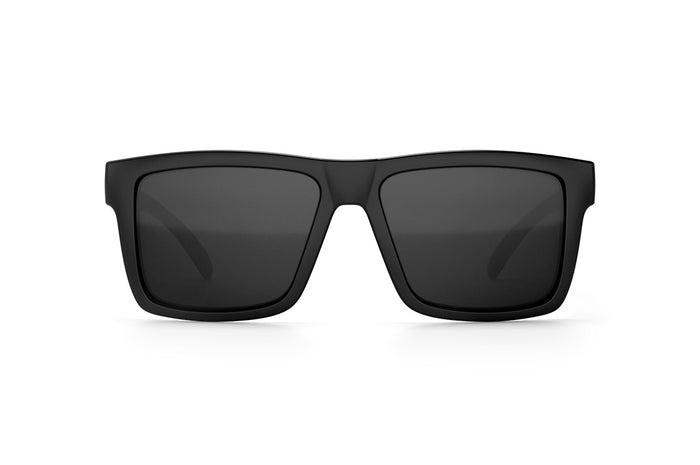 Front view of Heat Wave Visual Vise Sunglasses with black frame, woodgrain print arms and black lenses.