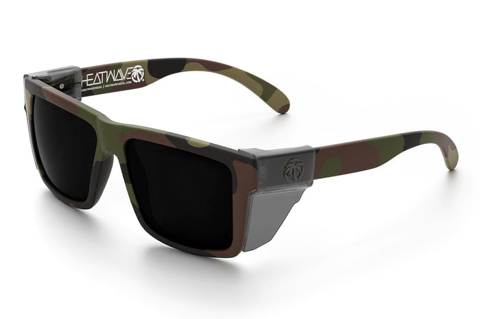 Heat Wave Visual Vise Z87 Sunglasses with fleck camo frame , ultra black lenses and green emblem, smoked side shield