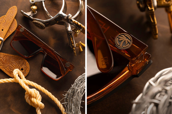 Two images of the backside of the VISE Sunglasses: Saddle Z87 on a wood table.