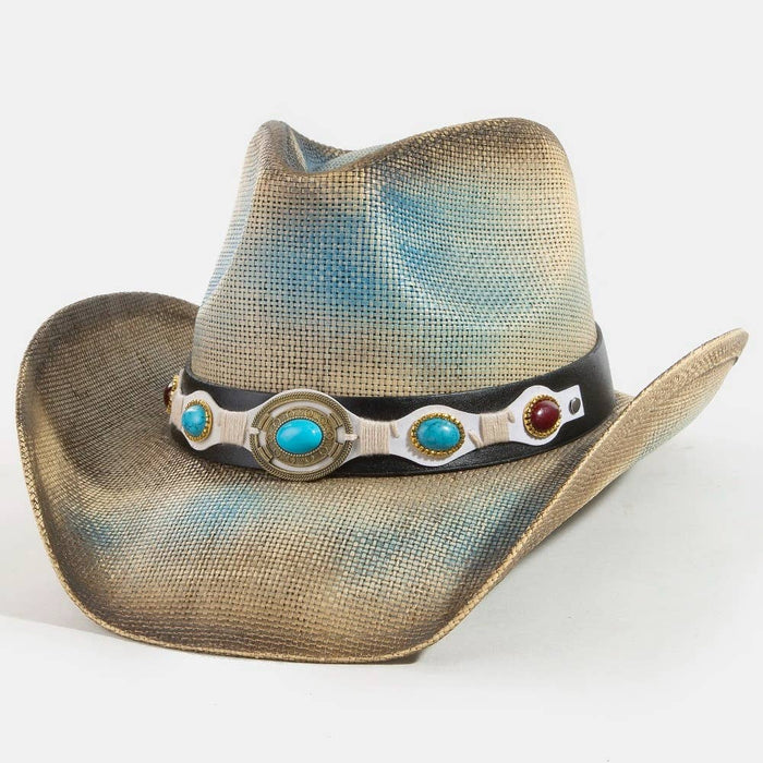 Western Turquoise Stone Strap Straw Cowboy Hat