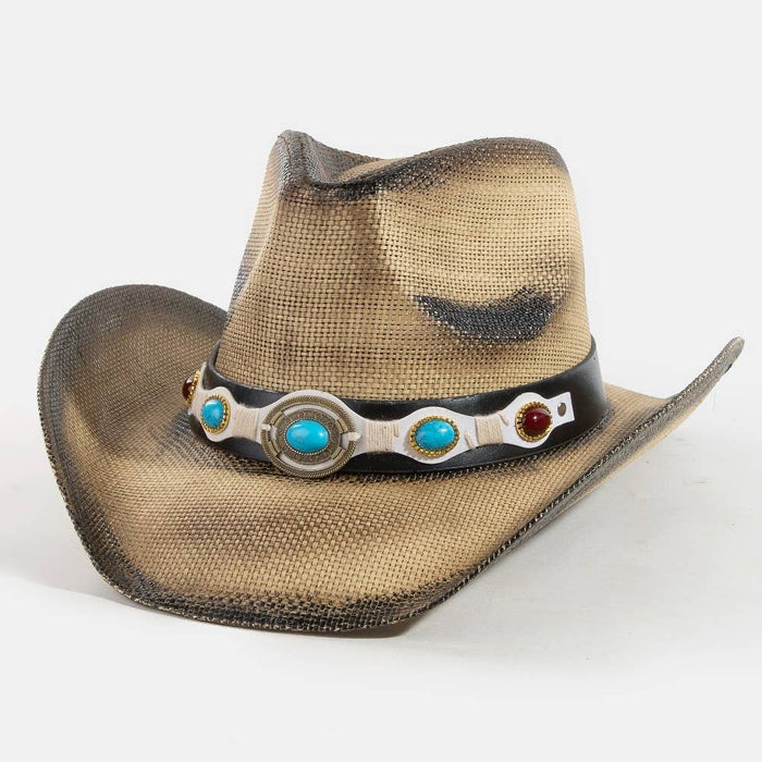 Western Turquoise Stone Strap Straw Cowboy Hat