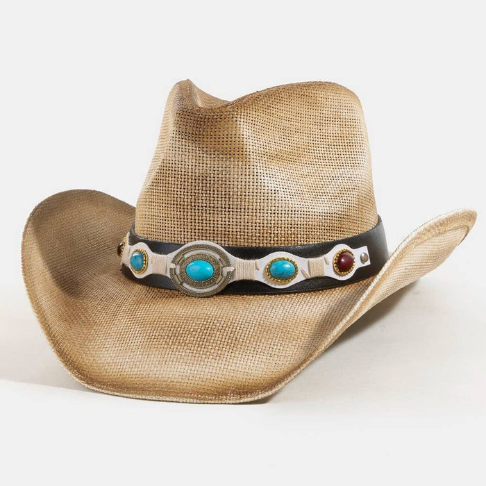 Western Turquoise Stone Strap Straw Cowboy Hat