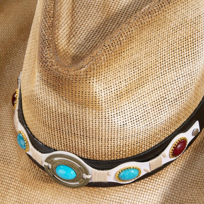Western Turquoise Stone Strap Straw Cowboy Hat