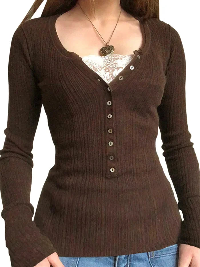 Women's Lace Patchwork Button Front Knit Top – Long Sleeve Slim Fit Sweater