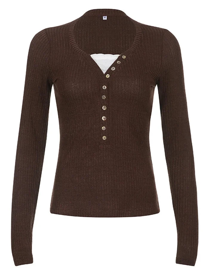 Women's Lace Patchwork Button Front Knit Top – Long Sleeve Slim Fit Sweater