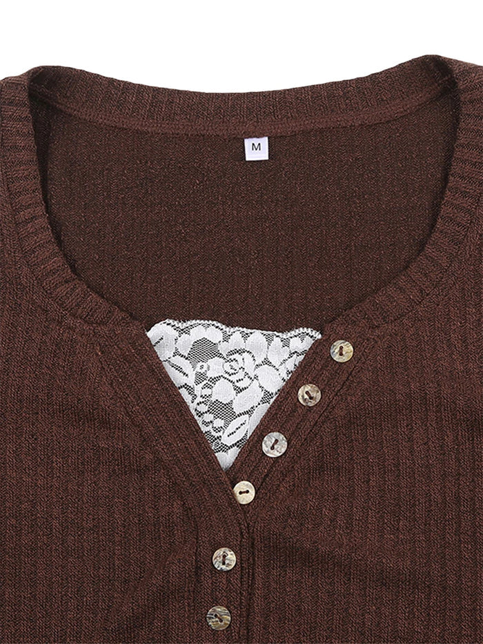Women's Lace Patchwork Button Front Knit Top – Long Sleeve Slim Fit Sweater