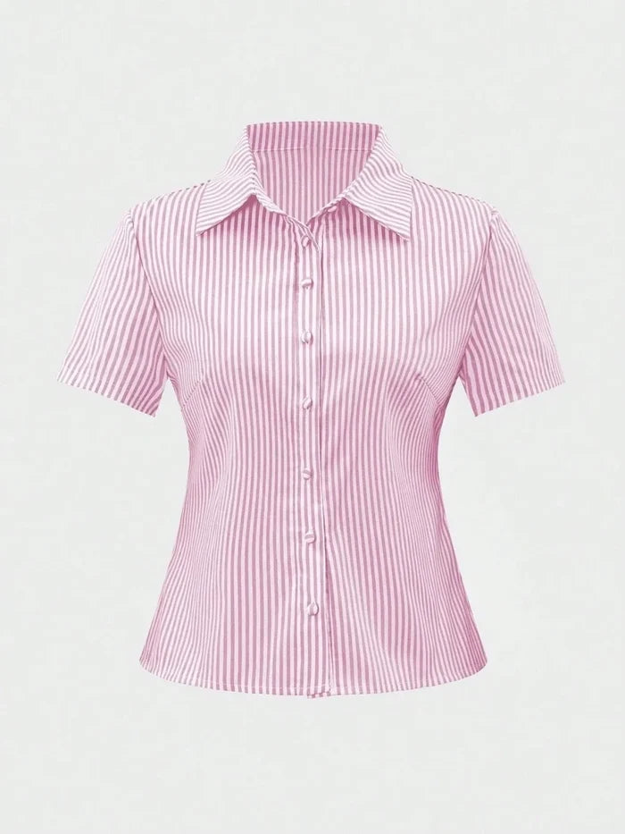 Women’s Striped Short Sleeve Button-Up Crop Shirt