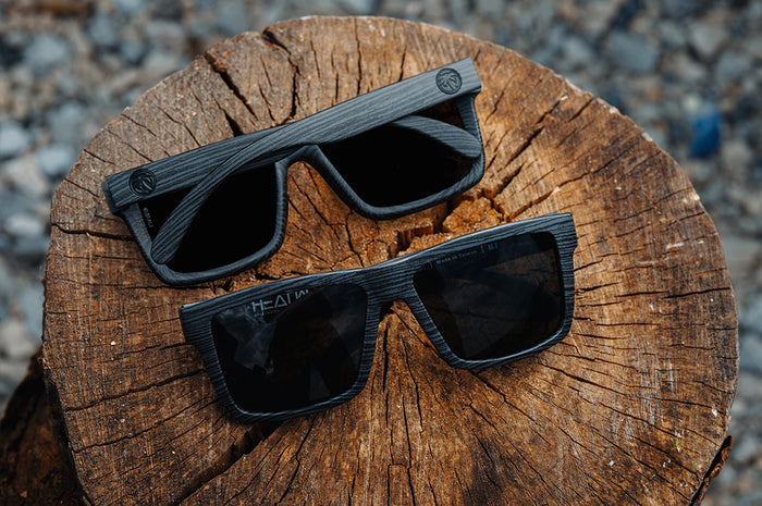 Two pairs of the XL VISE Z87 Sunglasses: Deadwood on a tree stump