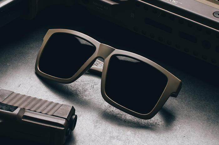 Close up shot of the XL VISE Z87 Sunglasses DESERT TAN: Black