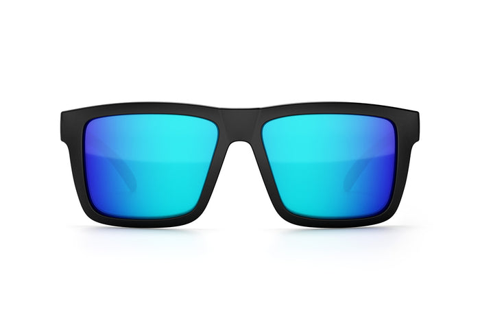 Front view of Heat Wave Visual XL Vise Sunglasses with black frame, USA print arms and galaxy blue lenses.