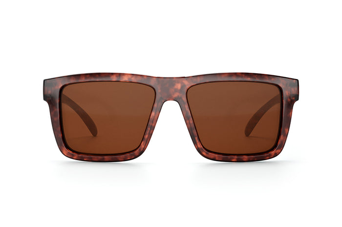 Front view of Heat Wave Visual XL Vise Sunglasses with tortoise frame, tortoise arms and brown lenses.