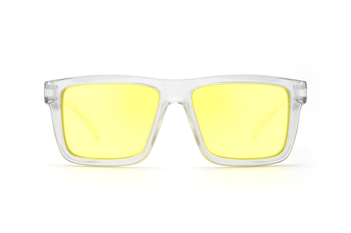 Front view of Heat Wave Visual XL Vise Sunglasses with clear frame and hi-vis yellow lenses.