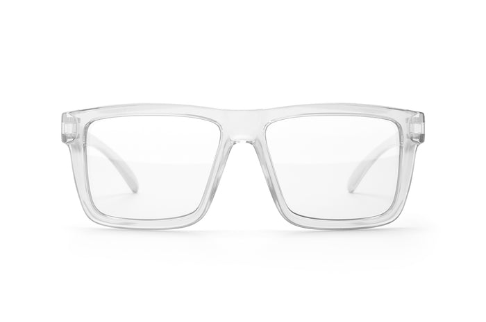 Front view of Heat Wave Visual XL Vise Sunglasses with clear frame and anti-fog clear lenses.
