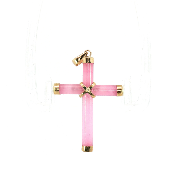 Yellow Gold and Rose Quartz Cross Pendant with 14k gold bail